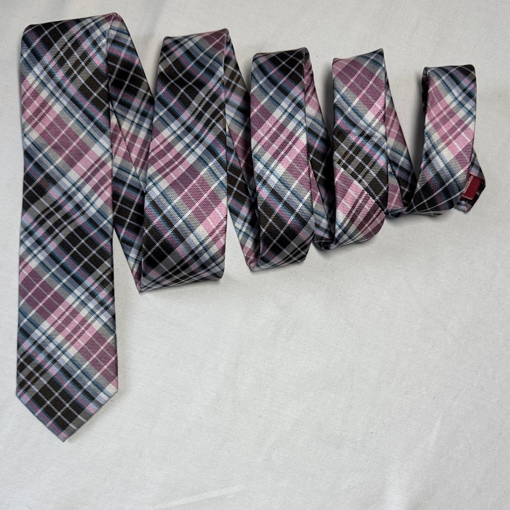 Original Penguin Plaid Tie - Brown, Pink, and Gray. Silk.